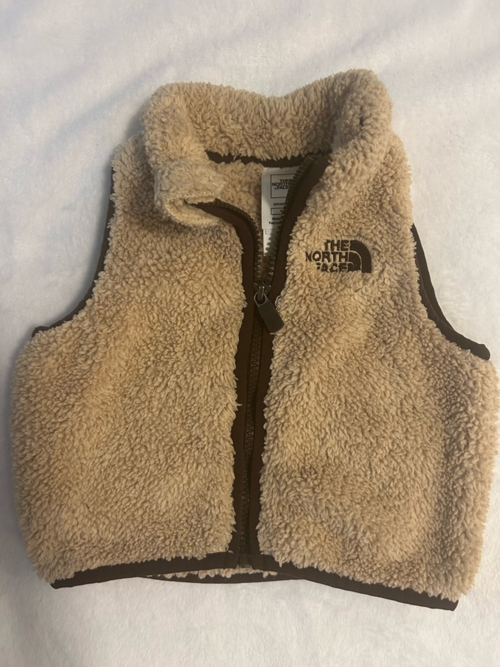The North Face Tan Sherpa Fleece Infant Vest with Brown Trim